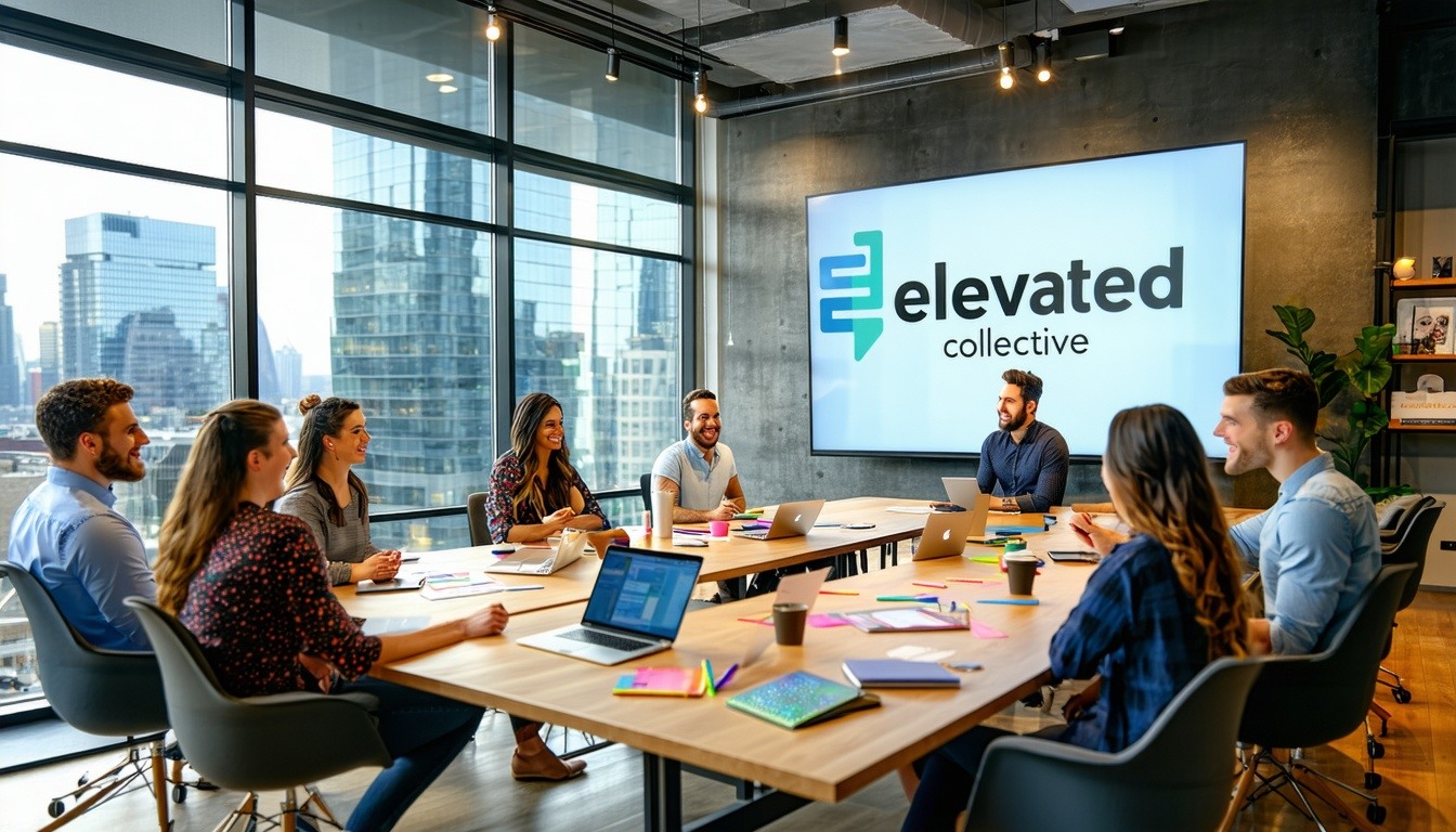A vibrant and modern office setting with a diverse group of professionals engaged in a collaborative meeting The room is filled with natural light streaming through large windows showcasing a city skyline in the background On one side a large screen